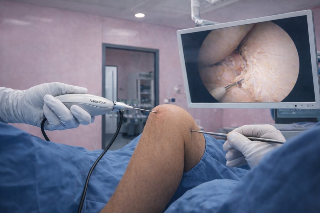 Nanoskopická operace je velmi šetrný miniinvazivní zákrok kloubu pomocí extrémně tenké kamery a jemných nástrojů.